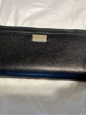 Coach Black Leather Zip Wallet with Gold Logo Plaque and zipper